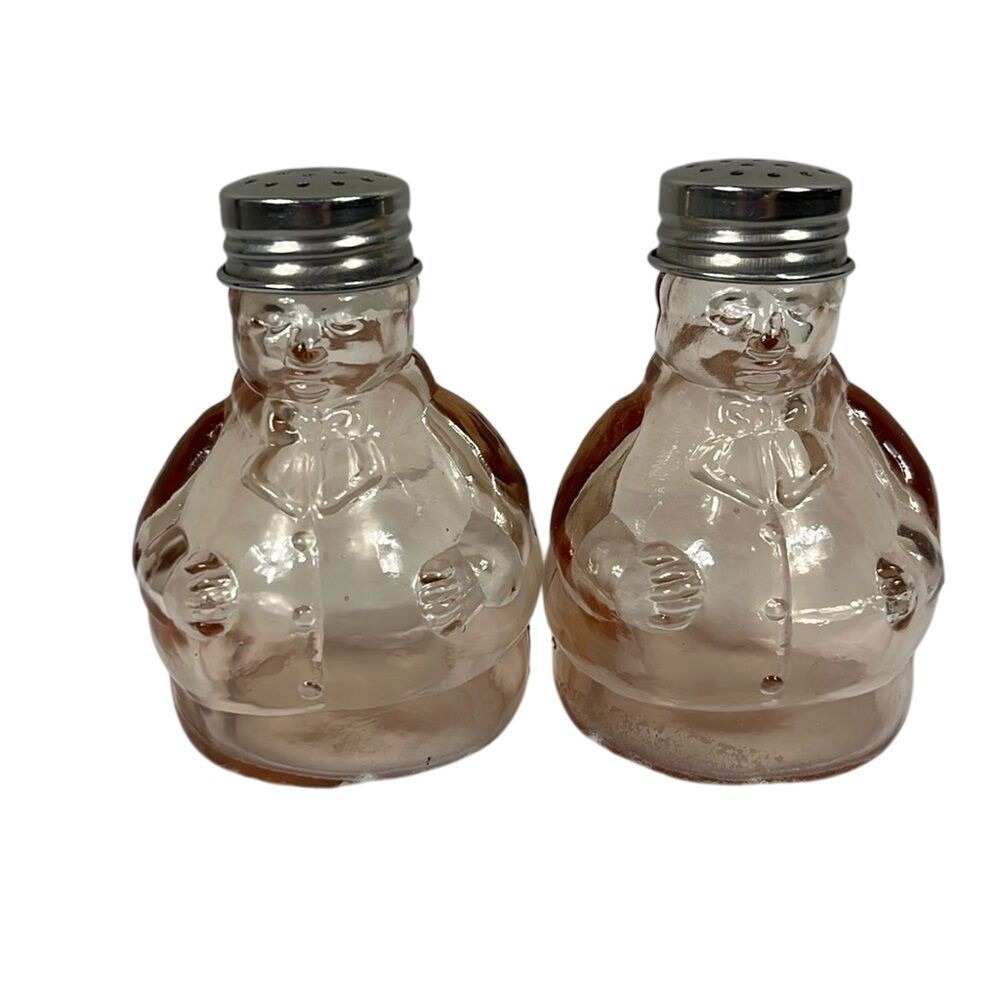 Pink Glass Figures Rotund Men Salt n Pepper Shakers Set of 2 Unique‎